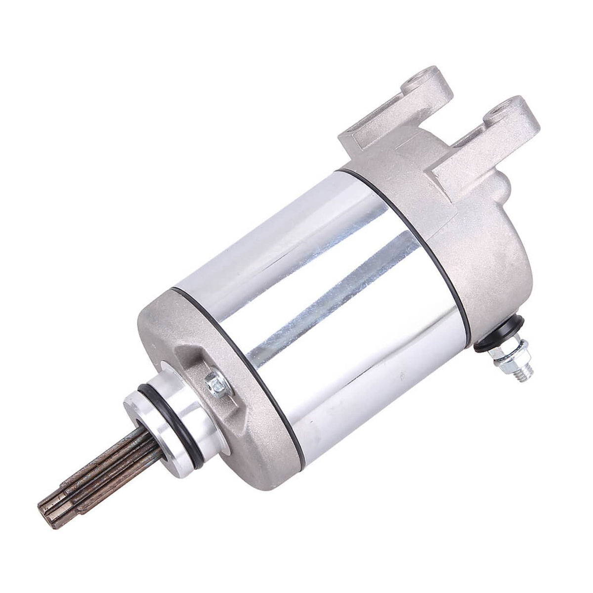 Starter motor assembly angled view with silver housing, bracket, and splined shaft