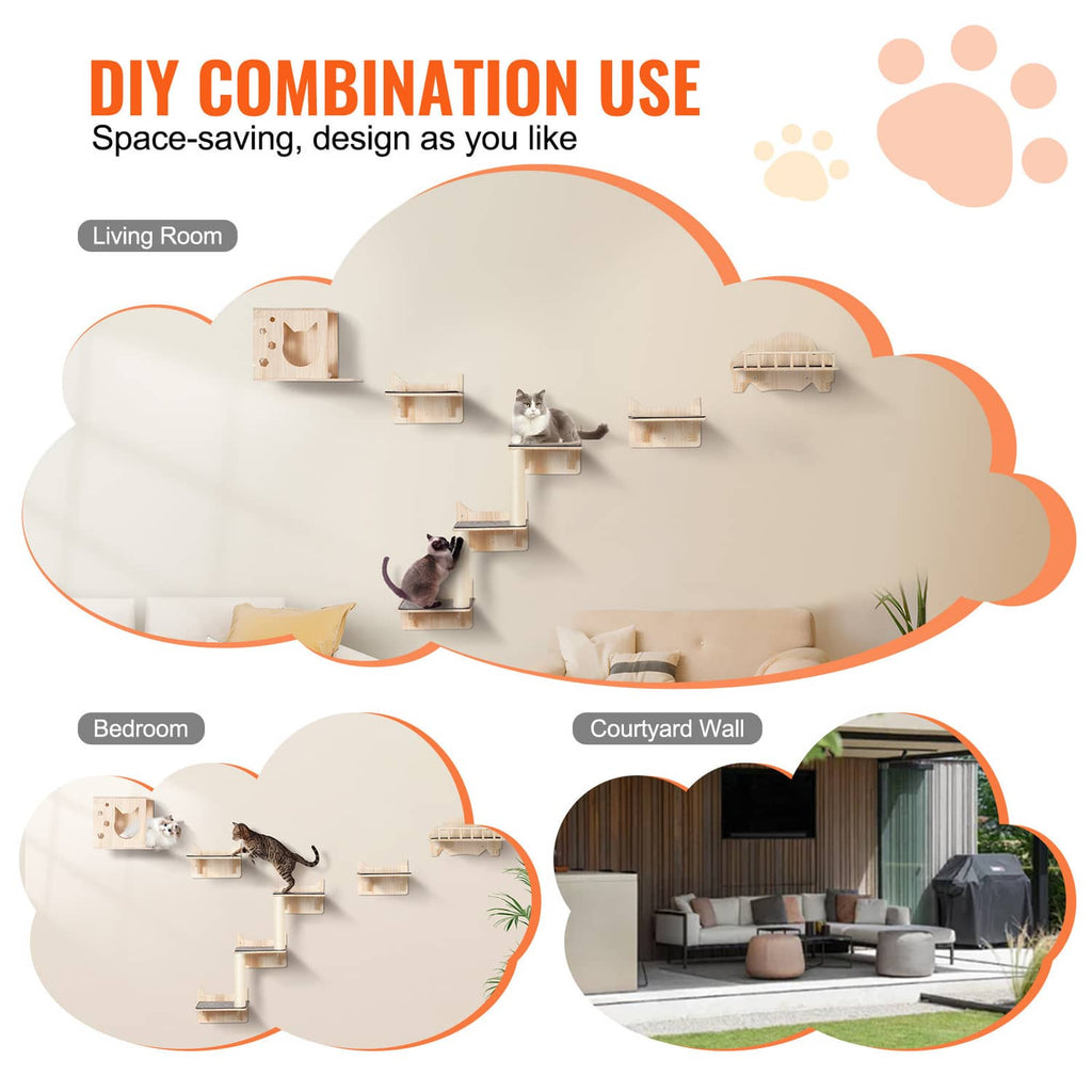 Wall-mounted cat shelf set featuring multiple levels, a cat house, and a sisal scratching post
