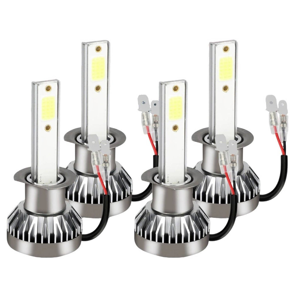Set of four H1 LED headlight bulbs with aluminum heat sinks and white LED boards