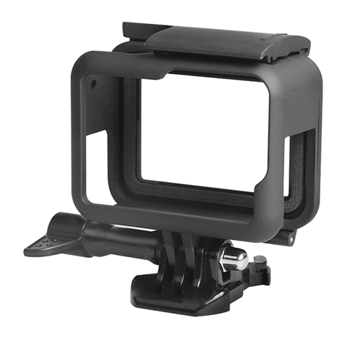Black action camera frame housing mount with protective open front window and side bracket