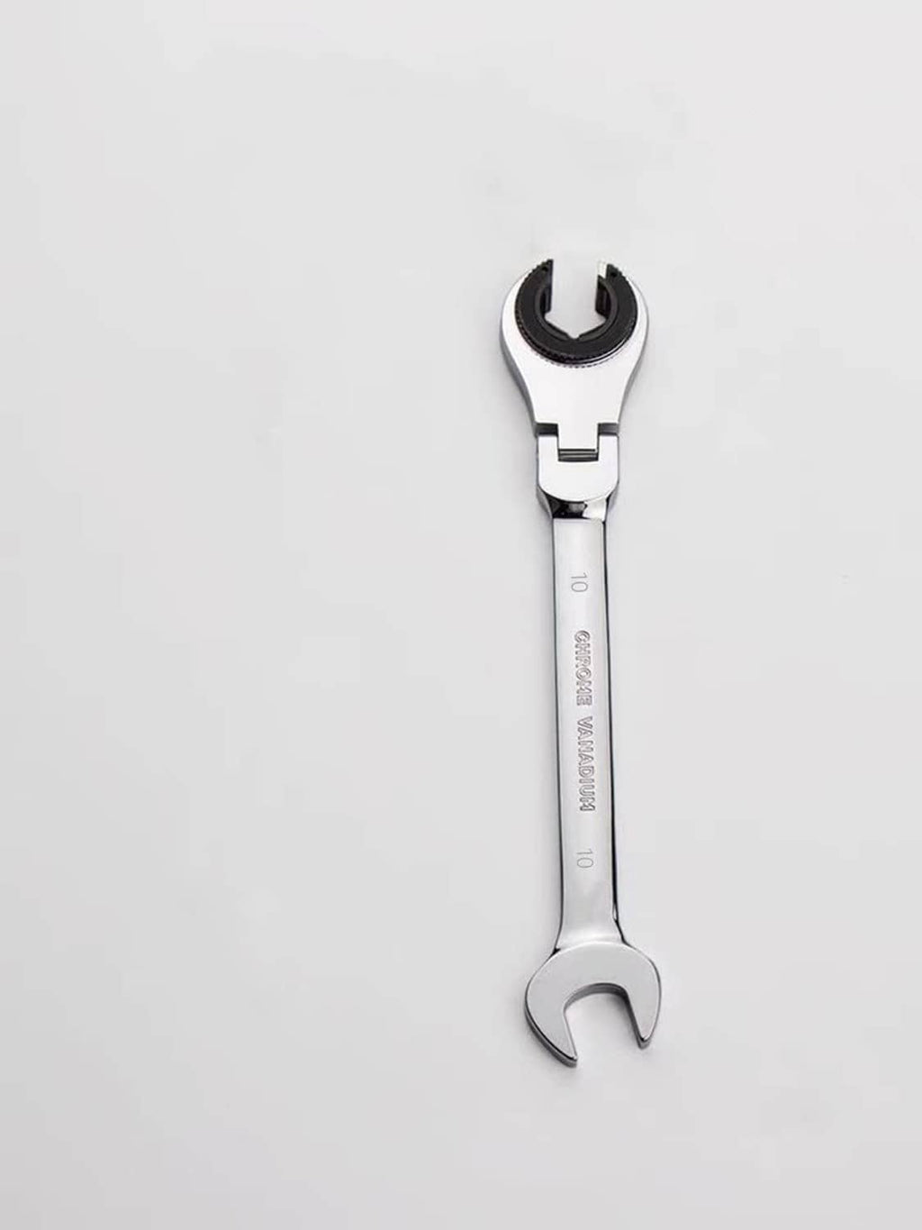 10mm metric ratcheting flex-head combination spanner wrench, black ring detail on head