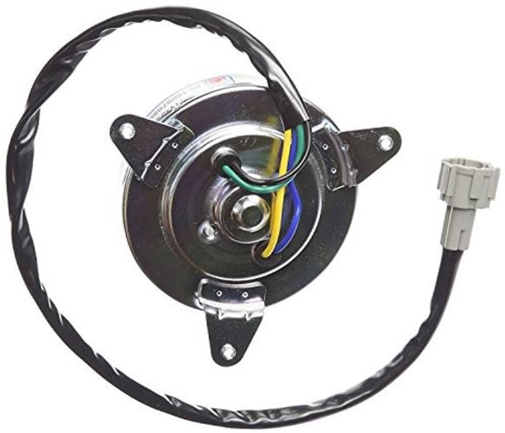 Radiator/condenser cooling fan motor with visible wiring and gray electrical plug connector