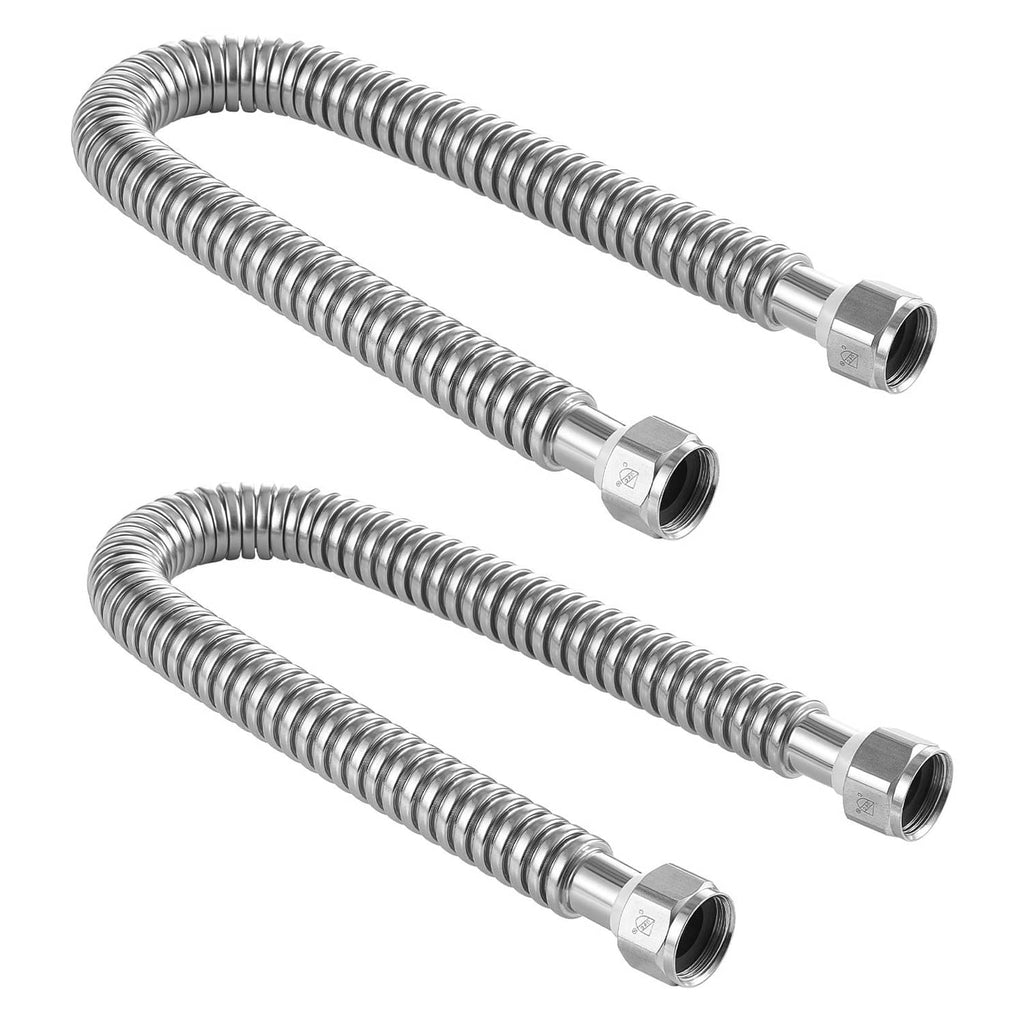 Flexible stainless steel water heater connector hoses with metal end caps, pair