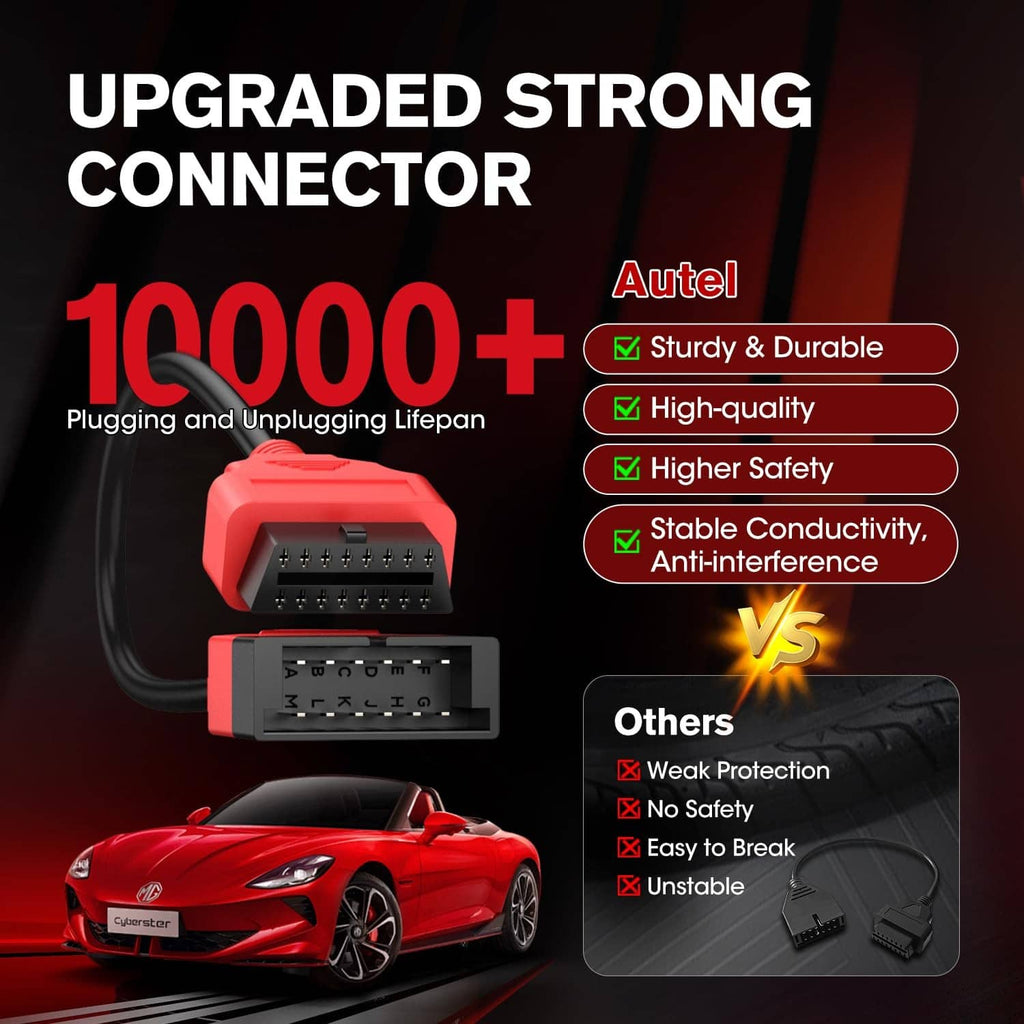Red heavy-duty OBD adapter cable with reinforced connector and black 16-pin interface