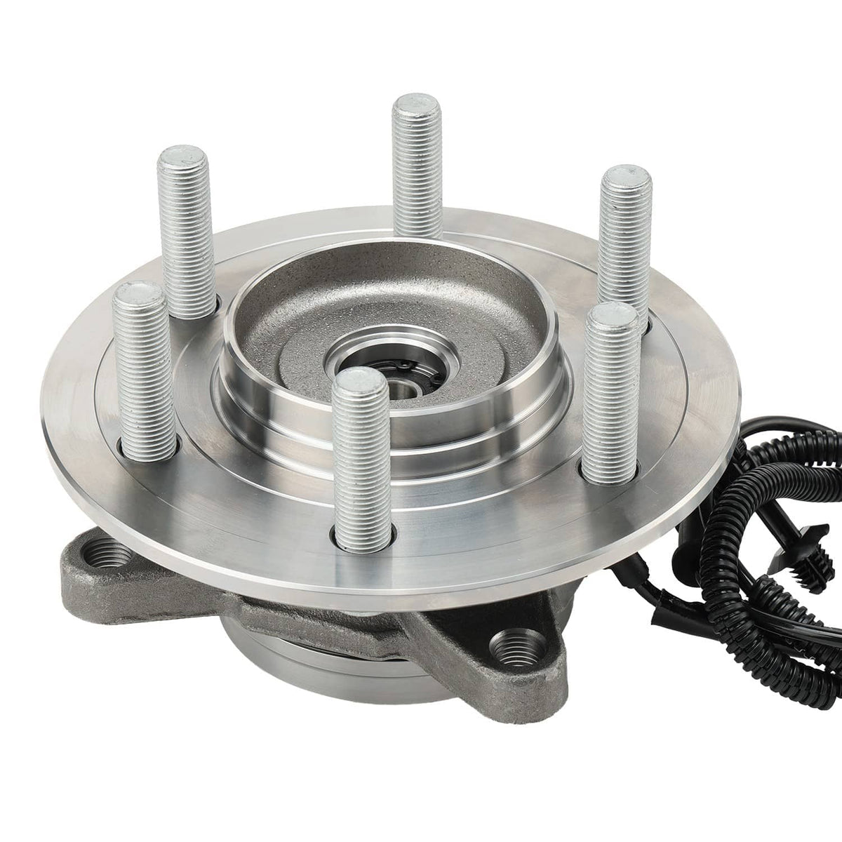 Front wheel hub bearing assembly with flange and mounting studs, metal finish