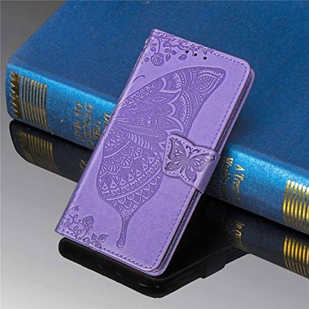 Light purple folio phone case with embossed cat design and flip-cover button detail