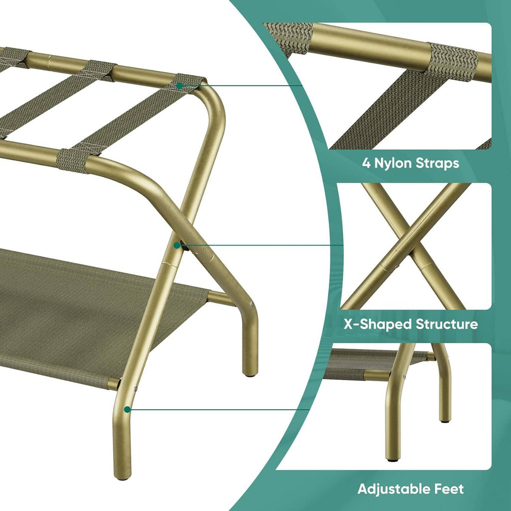 Foldable luggage rack with nylon straps, X-shaped frame, and adjustable feet for stability.