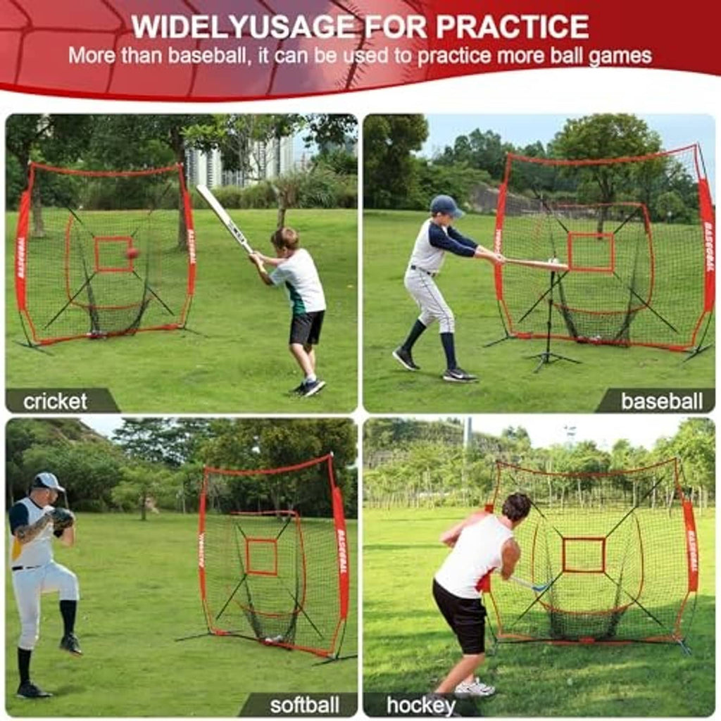 Red practice net with strike zone target and goal frame for ball-game drills