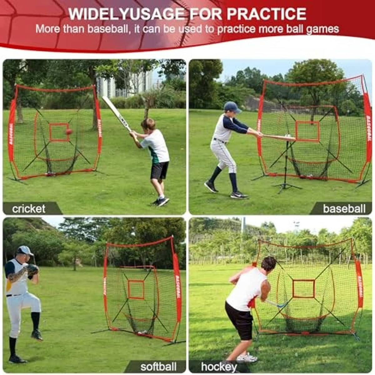Red practice net with strike zone target and goal frame for ball-game drills