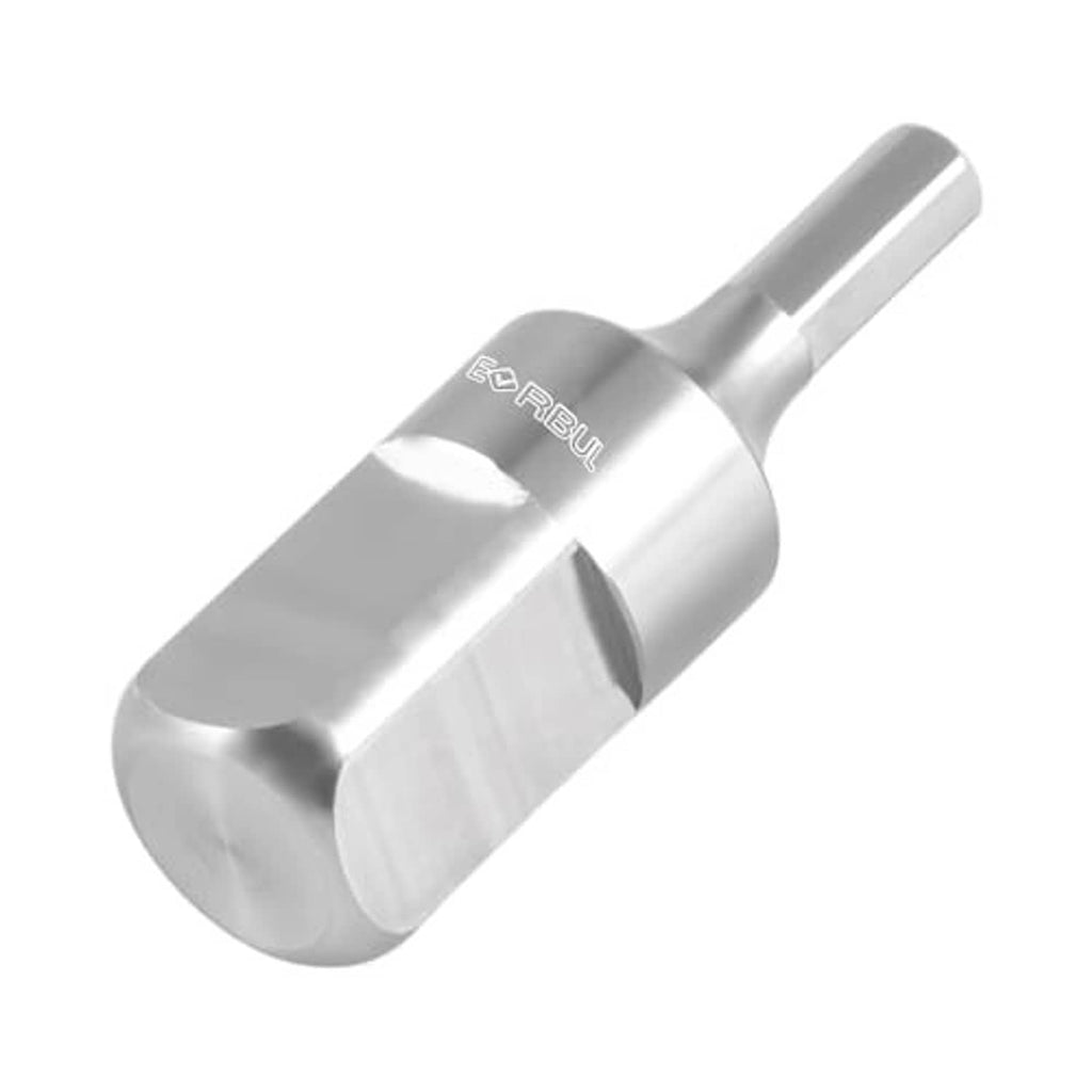 Stainless steel drill adapter, angled close-up of metal head and shank, RBSU