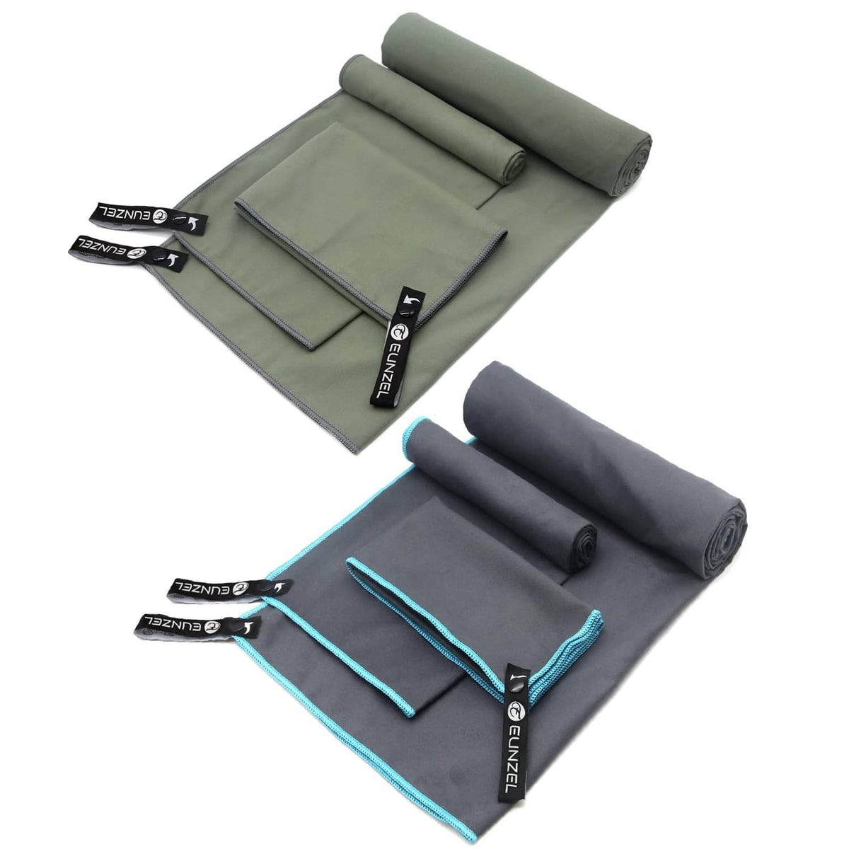 Quick-dry towel set in army green and dark gray, with turquoise edge trim