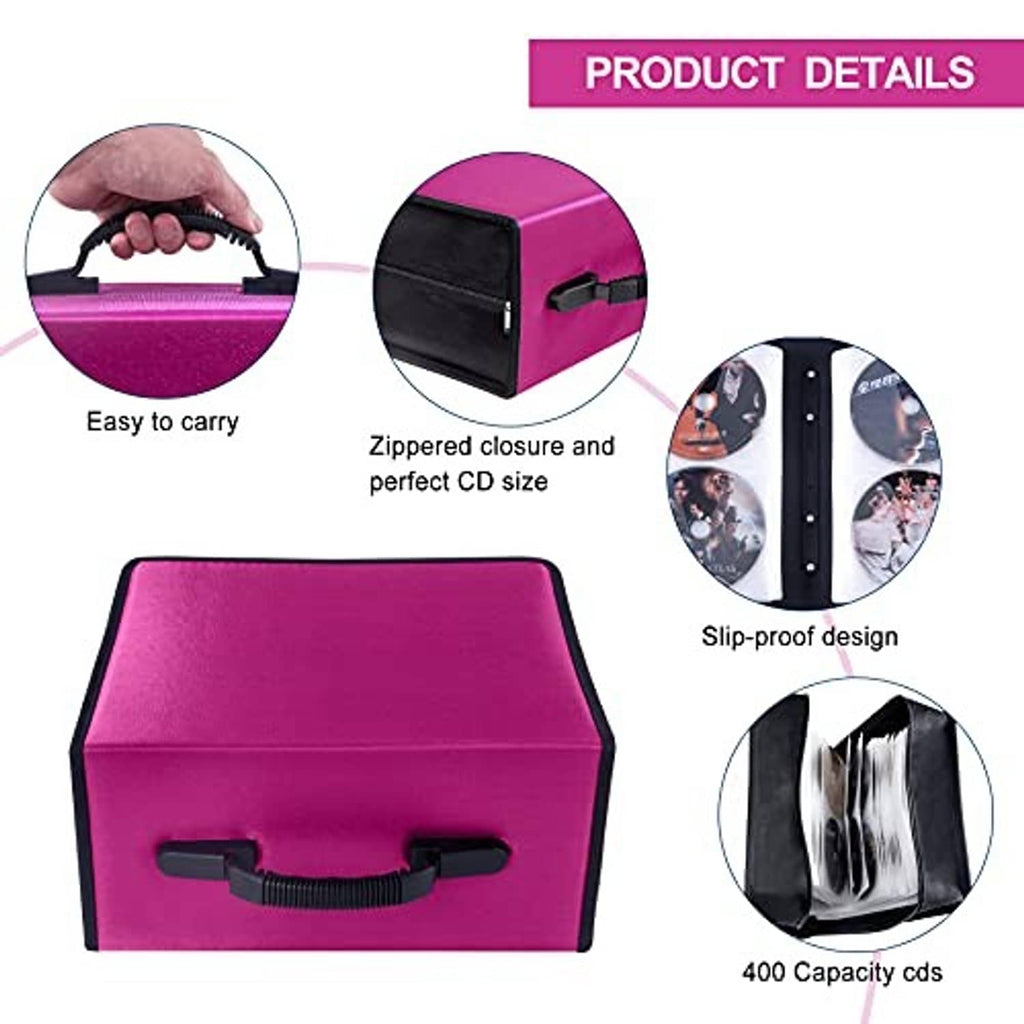 Magenta CD case with black zipper closure and top carry handle, product details