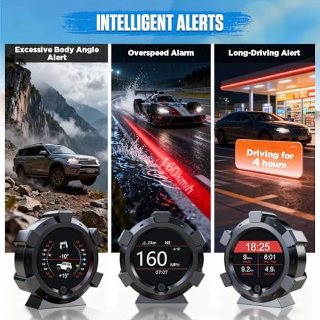 Black GPS speedometer HUD inclinometer with dial showing -10° and +15° angle indicators