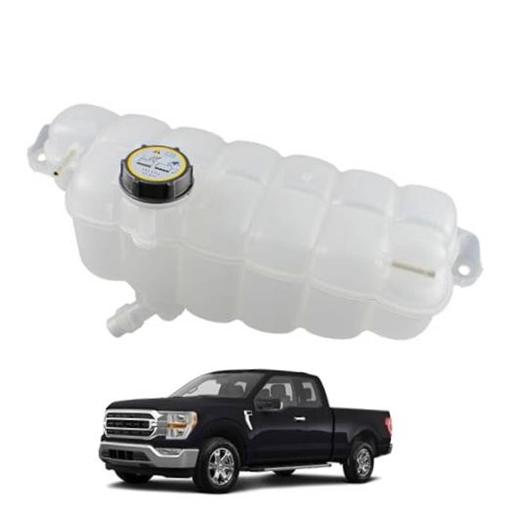 White engine coolant overflow reservoir tank with black cap and side outlet