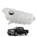 White engine coolant overflow reservoir tank with black cap and side outlet