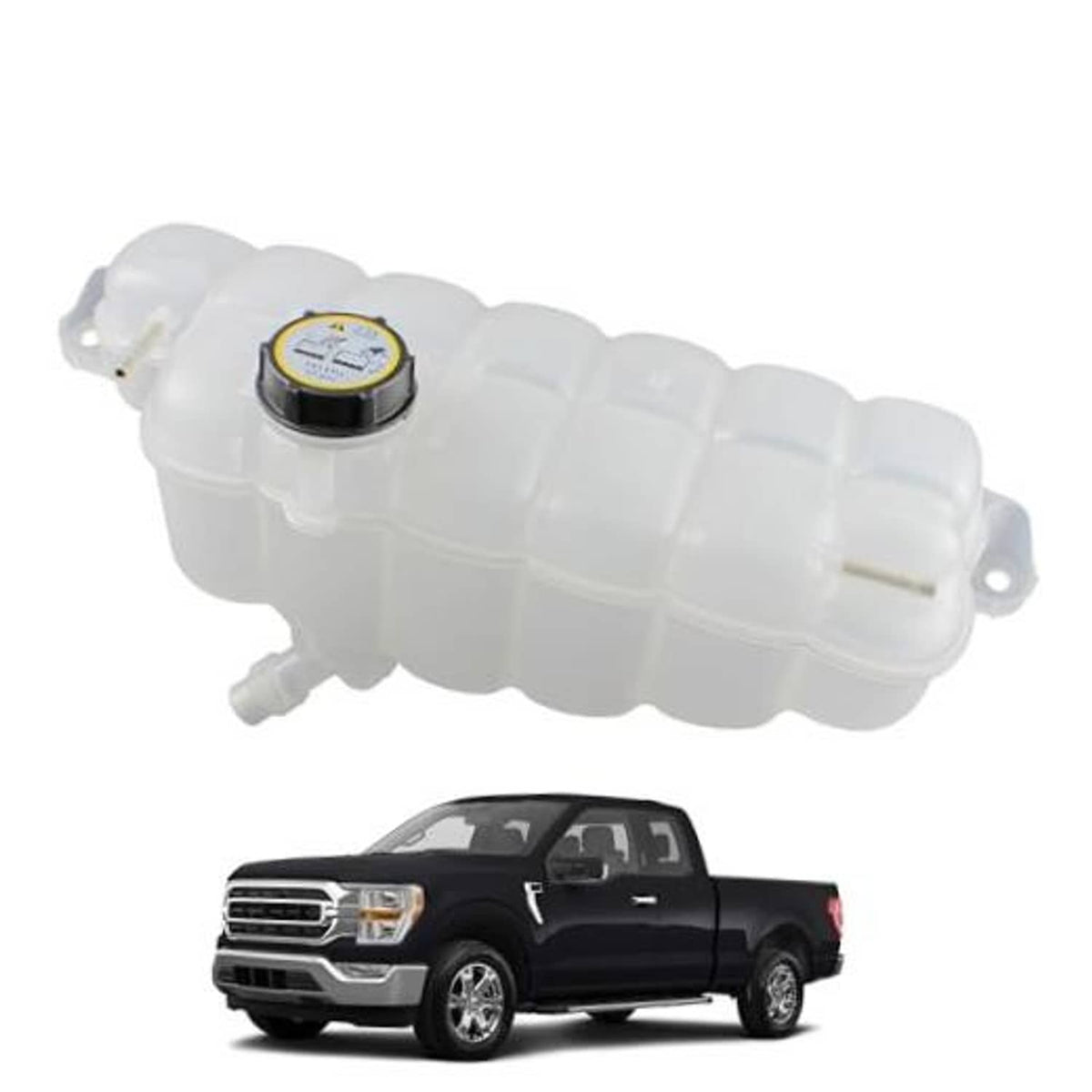 White engine coolant overflow reservoir tank with black cap and side outlet