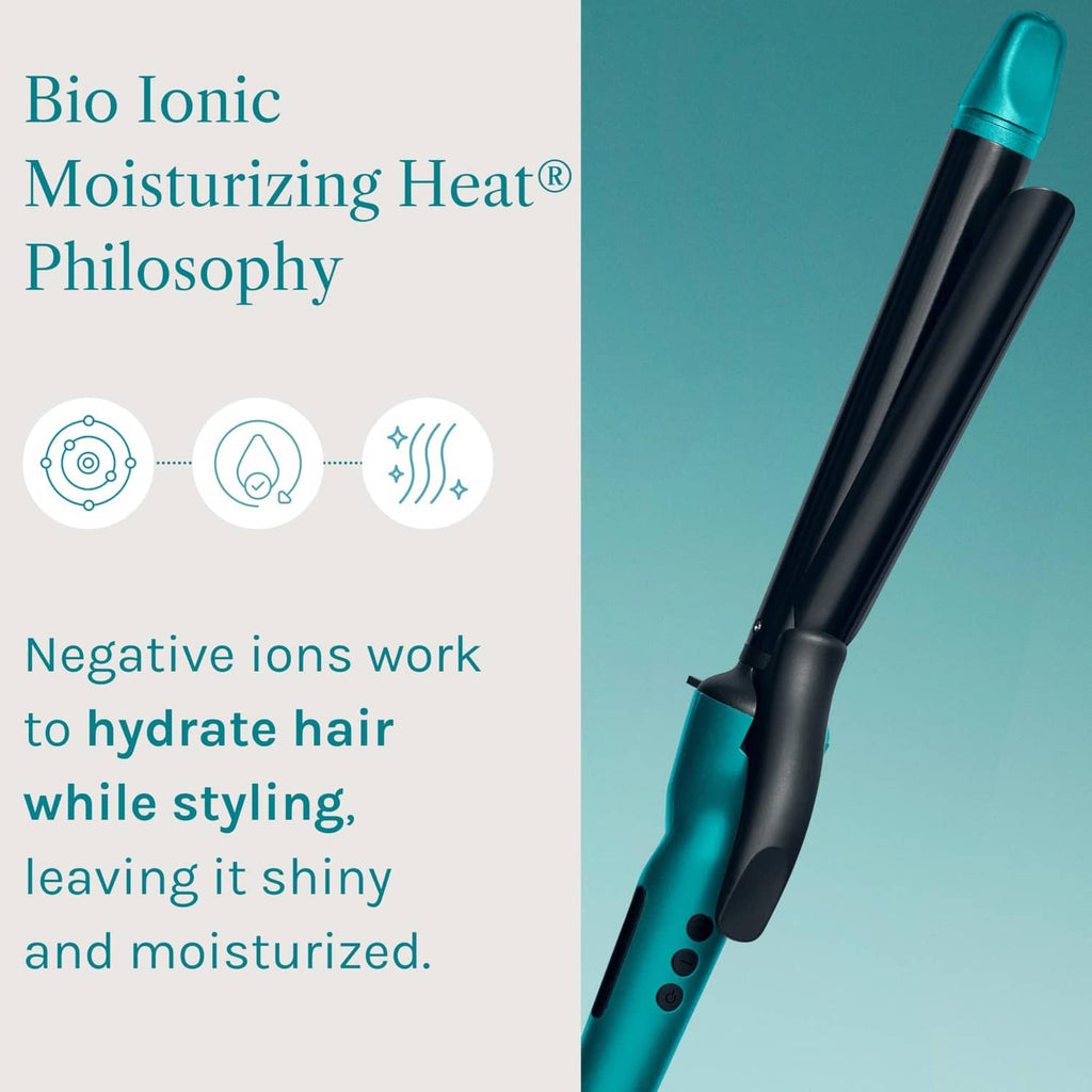 Bio Ionic teal and black curling iron with long barrel and round heat control dial.