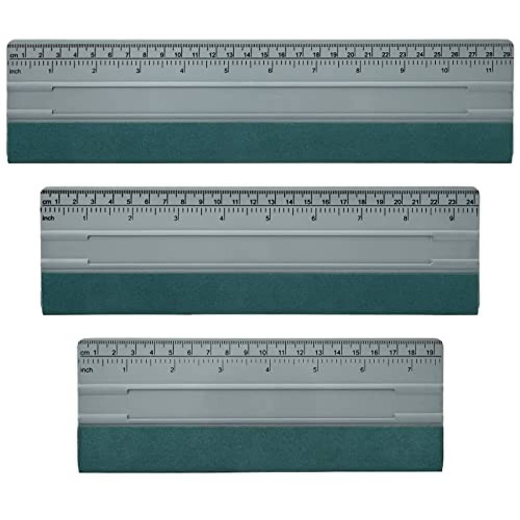 Vinyl squeegee tool set with gray felt-edged blades and inch/cm rulers.