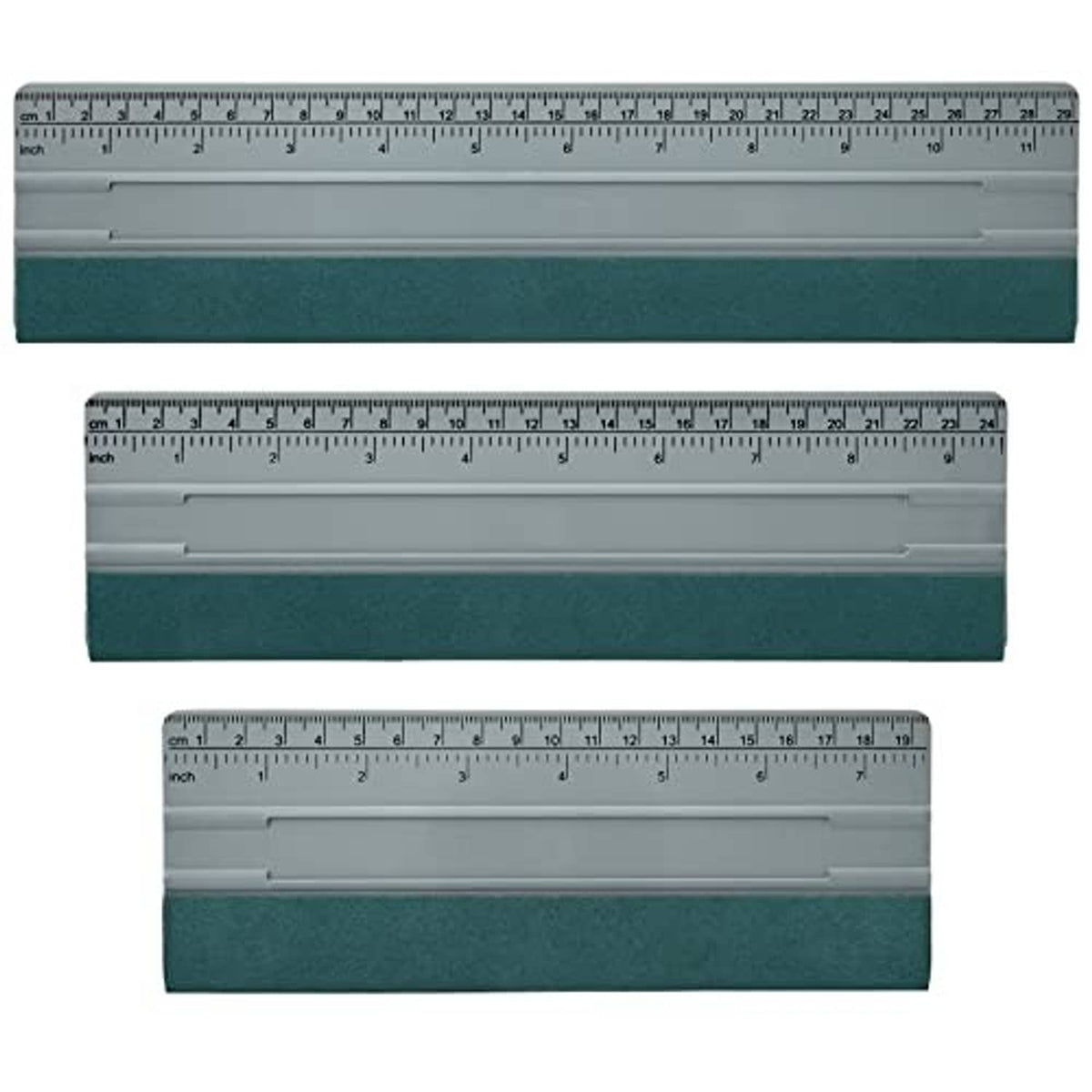 Vinyl squeegee tool set with gray felt-edged blades and inch/cm rulers.