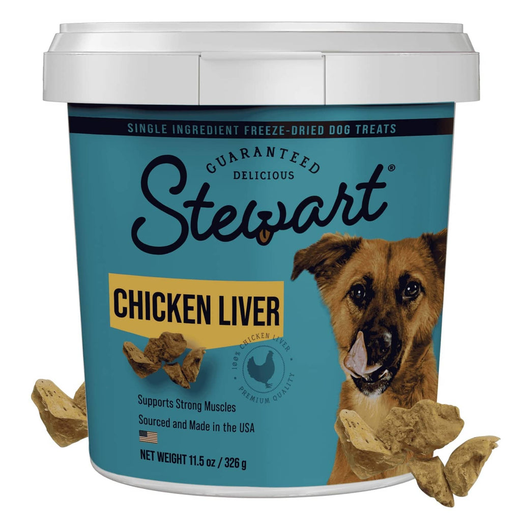 Stewart freeze-dried chicken liver dog treats tub with scattered liver pieces