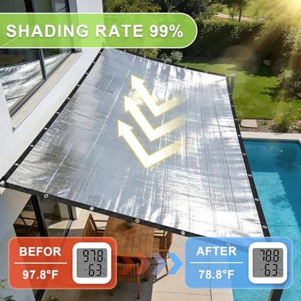 Silver reflective shade cloth tarp covering a patio area with grommet edges