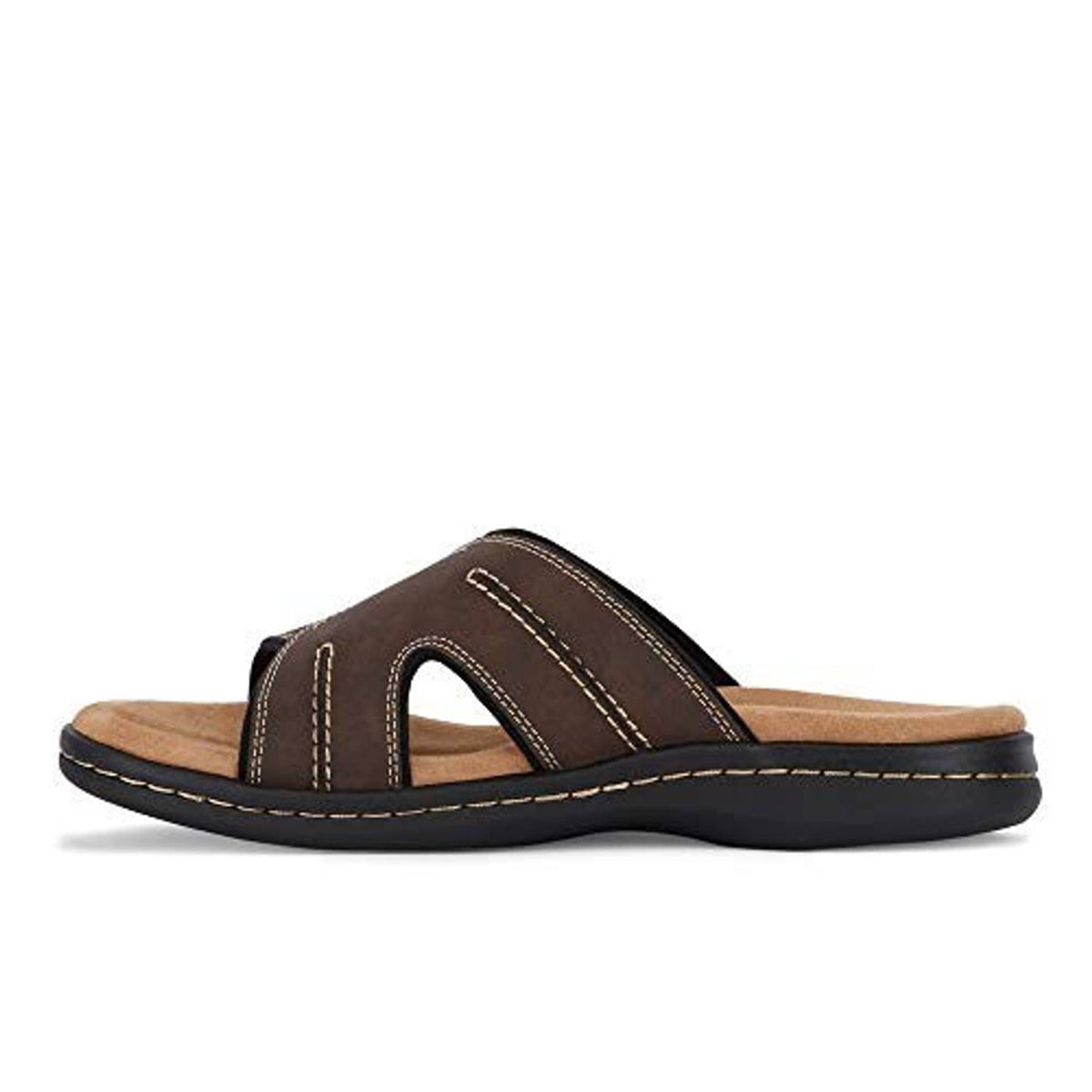 Dark brown slide sandals with open toe, single-piece straps, and contrast stitching