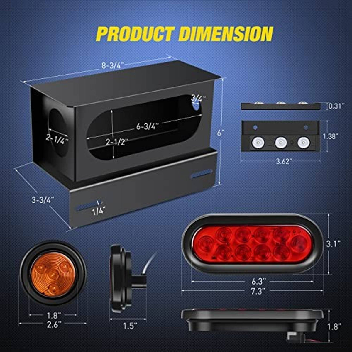 Red oval tail light lens and amber marker light with mounting size diagram