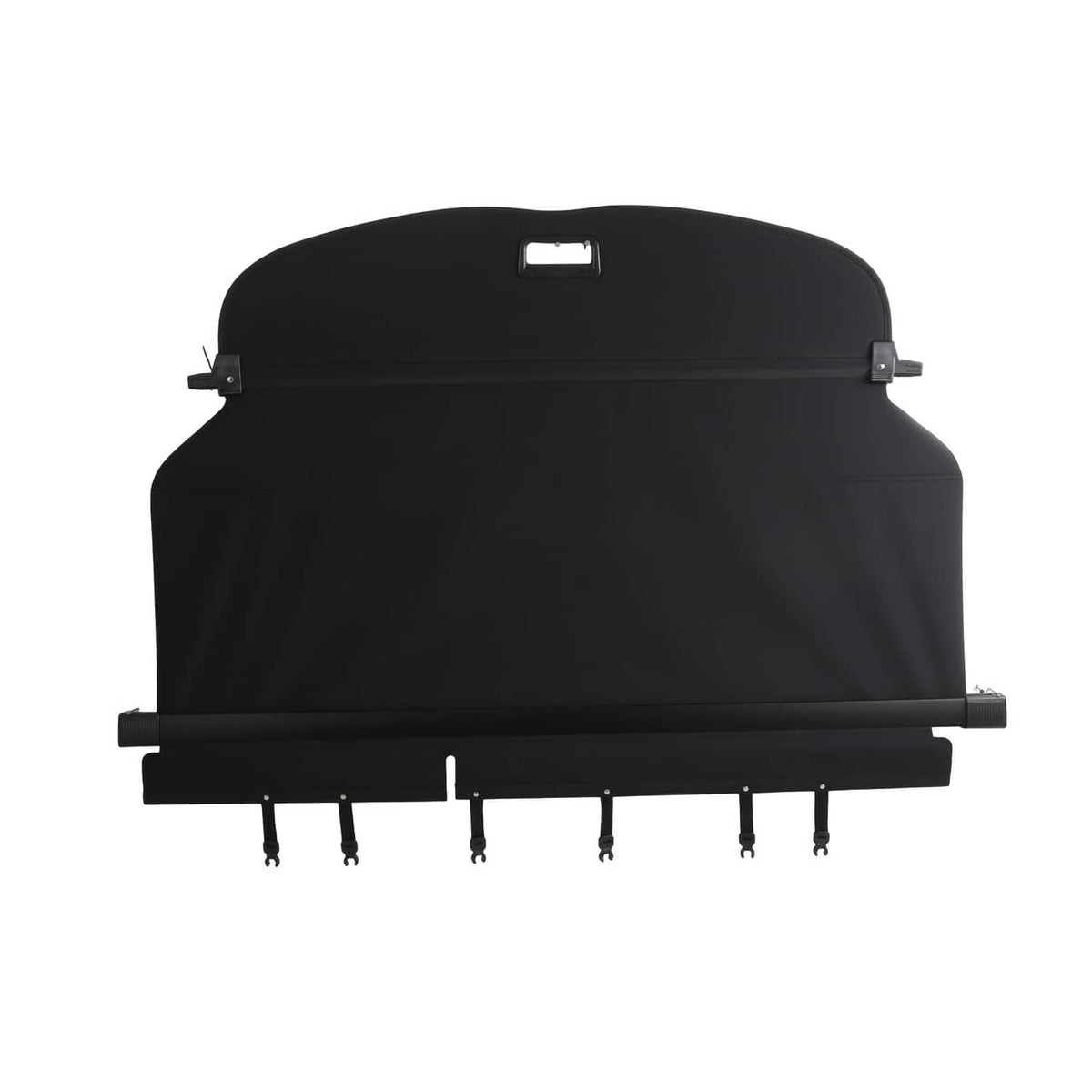 Black rear trunk security cargo cover with central handle and hanging tabs