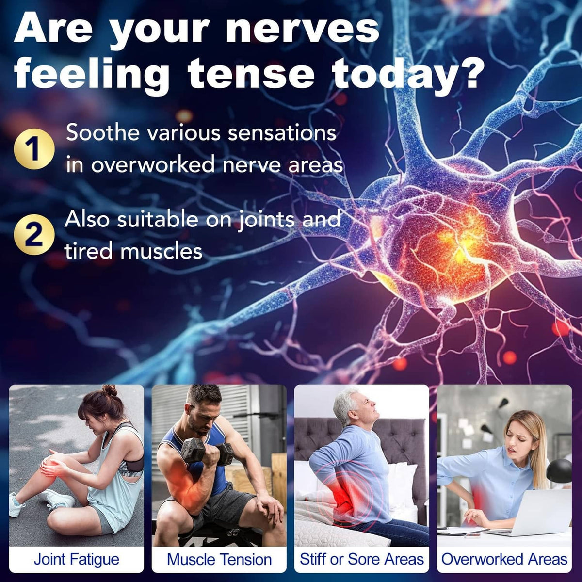 Person with tense nerves concept shown alongside neuropathy cream comfort messaging