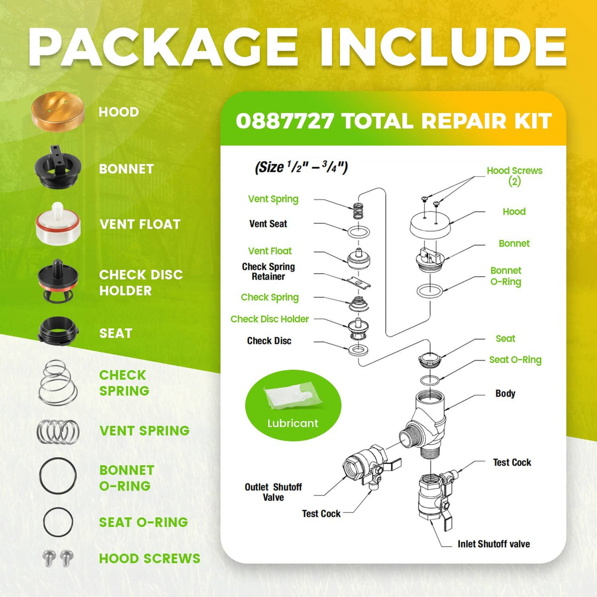 Pressure vacuum breaker repair kit package contents: hood, float, springs, O-rings, lubricant