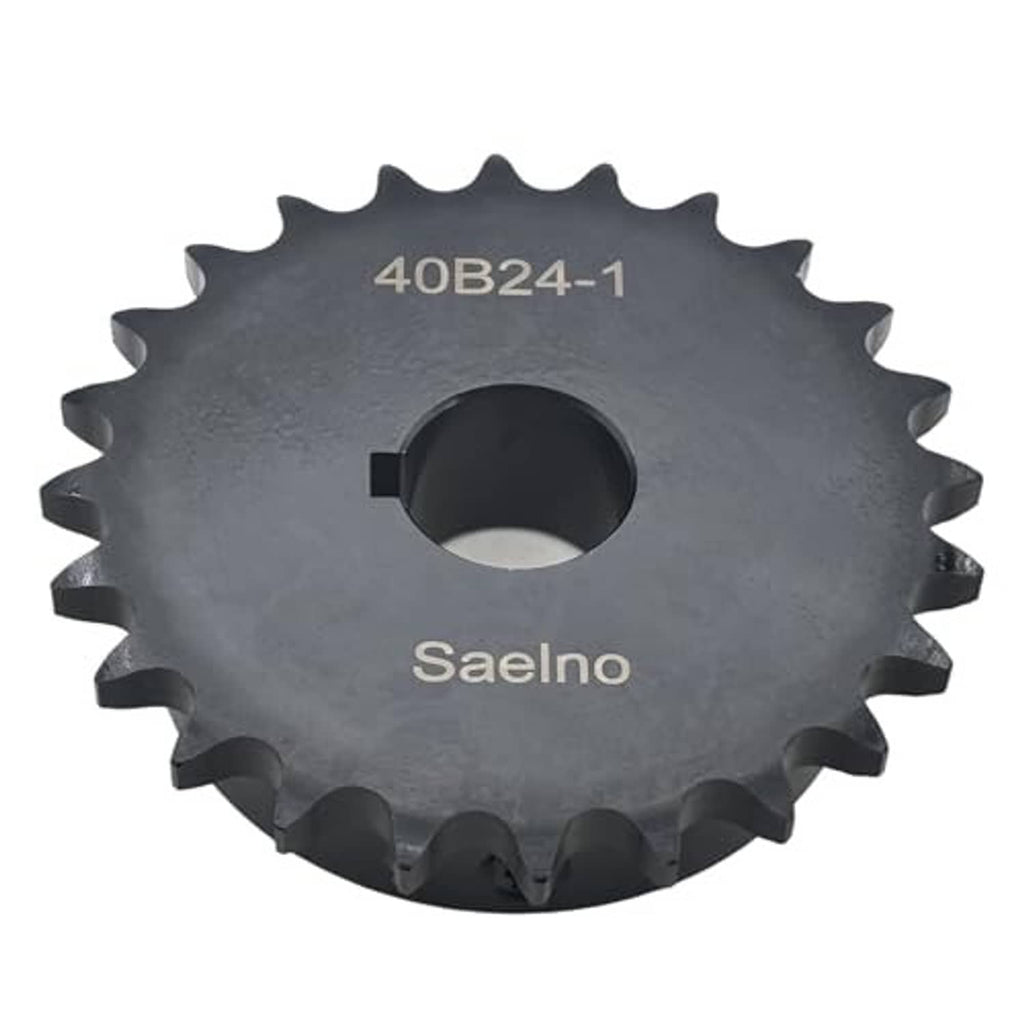 Roller chain sprocket front view, dark gray; gold 40B24-1 and Saelno; center bore