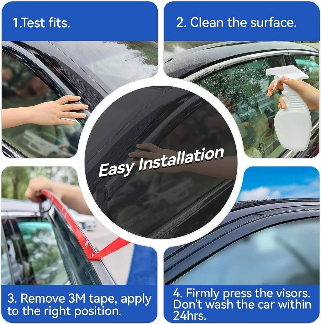 Tinted window visor rain guards shown on car window during installation