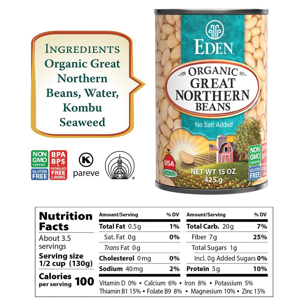 Eden organic great northern beans container with ingredients and nutrition panel