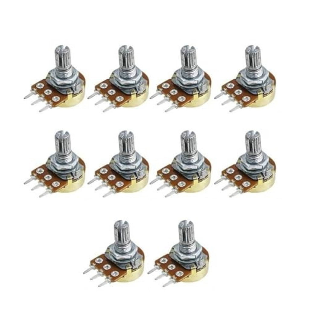 Set of 10 3-pin potentiometers with metal knob shaft and round solder-pin base