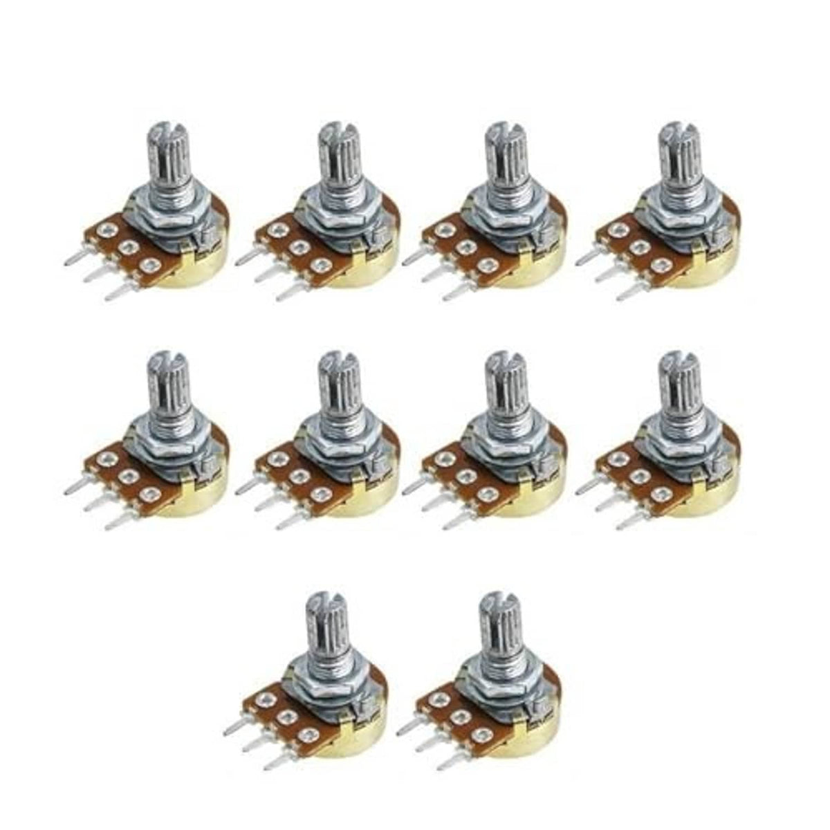 Set of 10 3-pin potentiometers with metal knob shaft and round solder-pin base