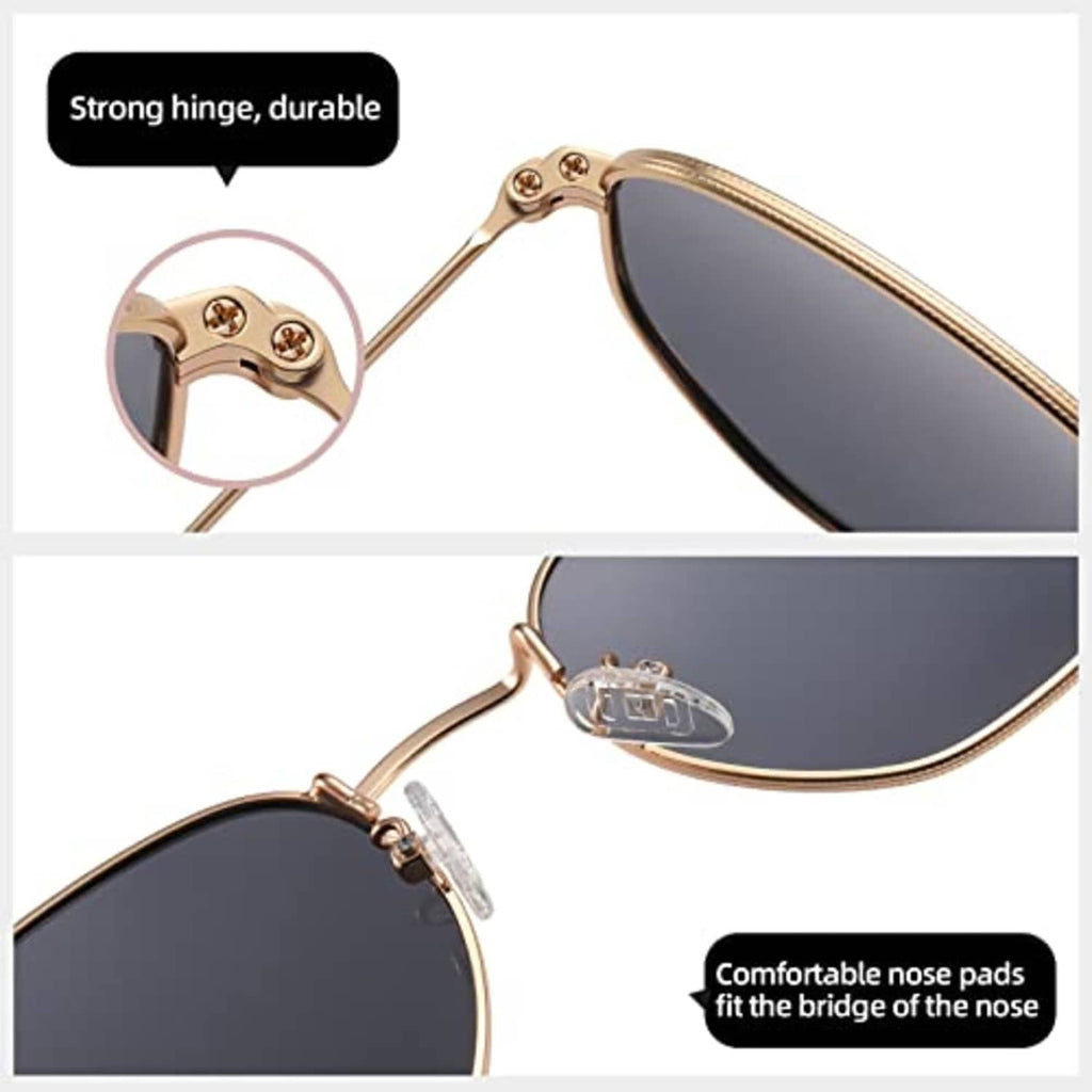 Gold sunglasses hinge and lens edge detail with dark lens, nose bridge visible