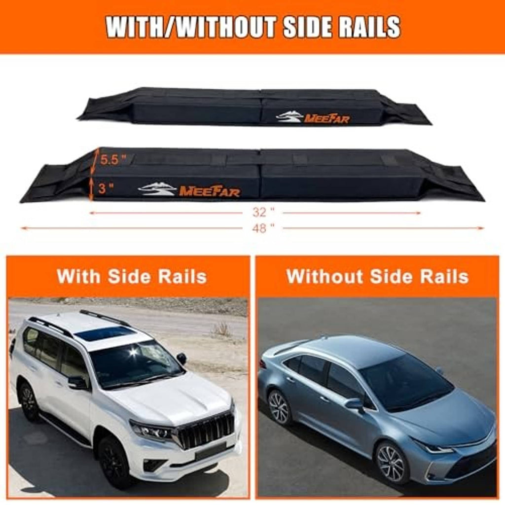 Soft roof rack pad for car roof with side rails, black with logo patch detail
