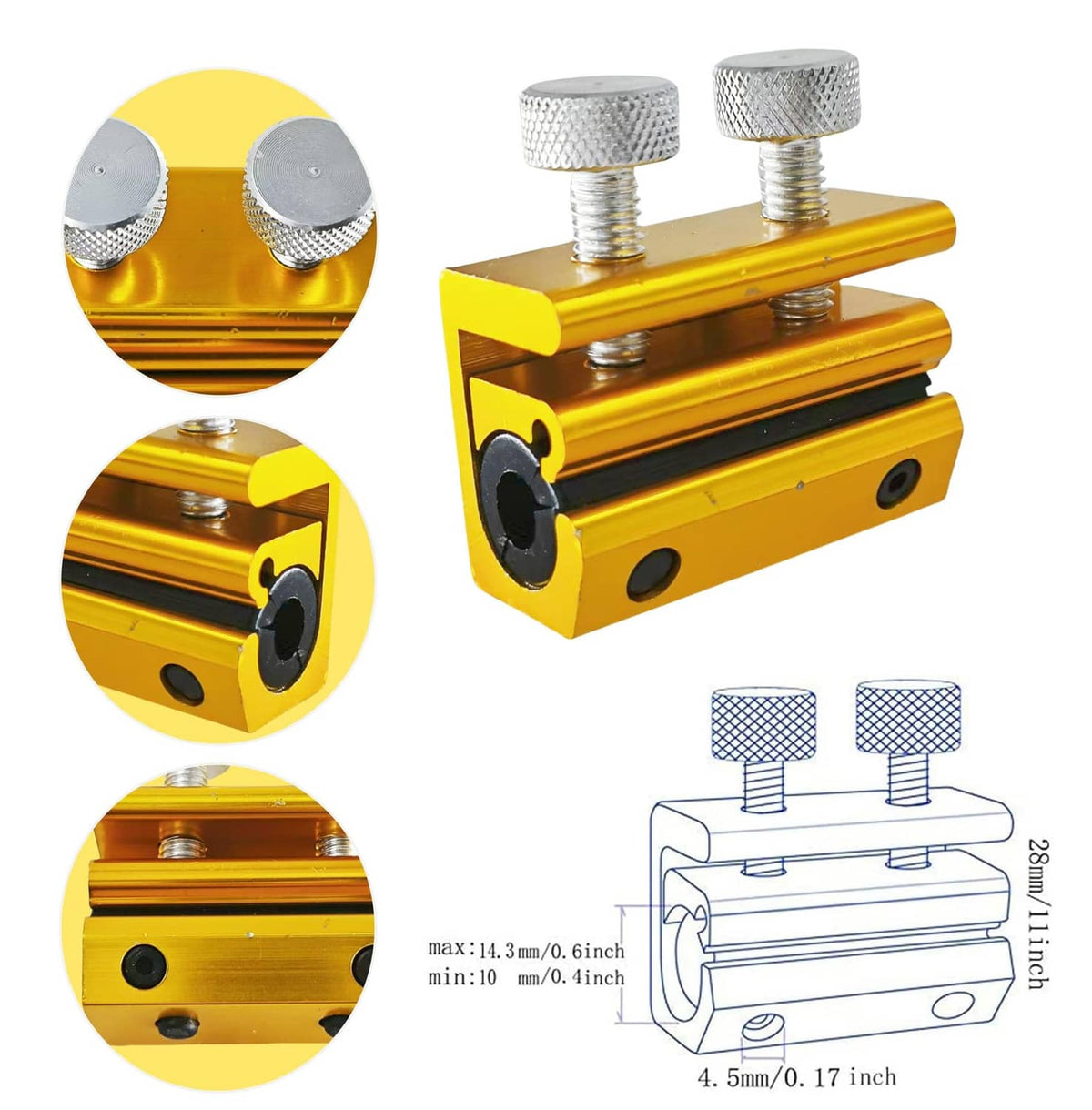 Gold metal cable lubrication tool with two knurled caps, black pads, and side mounting screws.