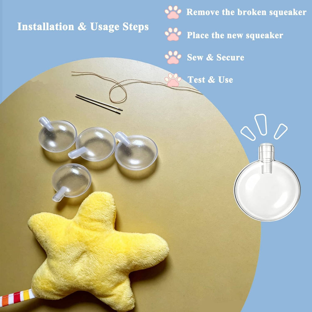 Transparent squeaker bulbs and yellow star plush toy, shown with placement steps