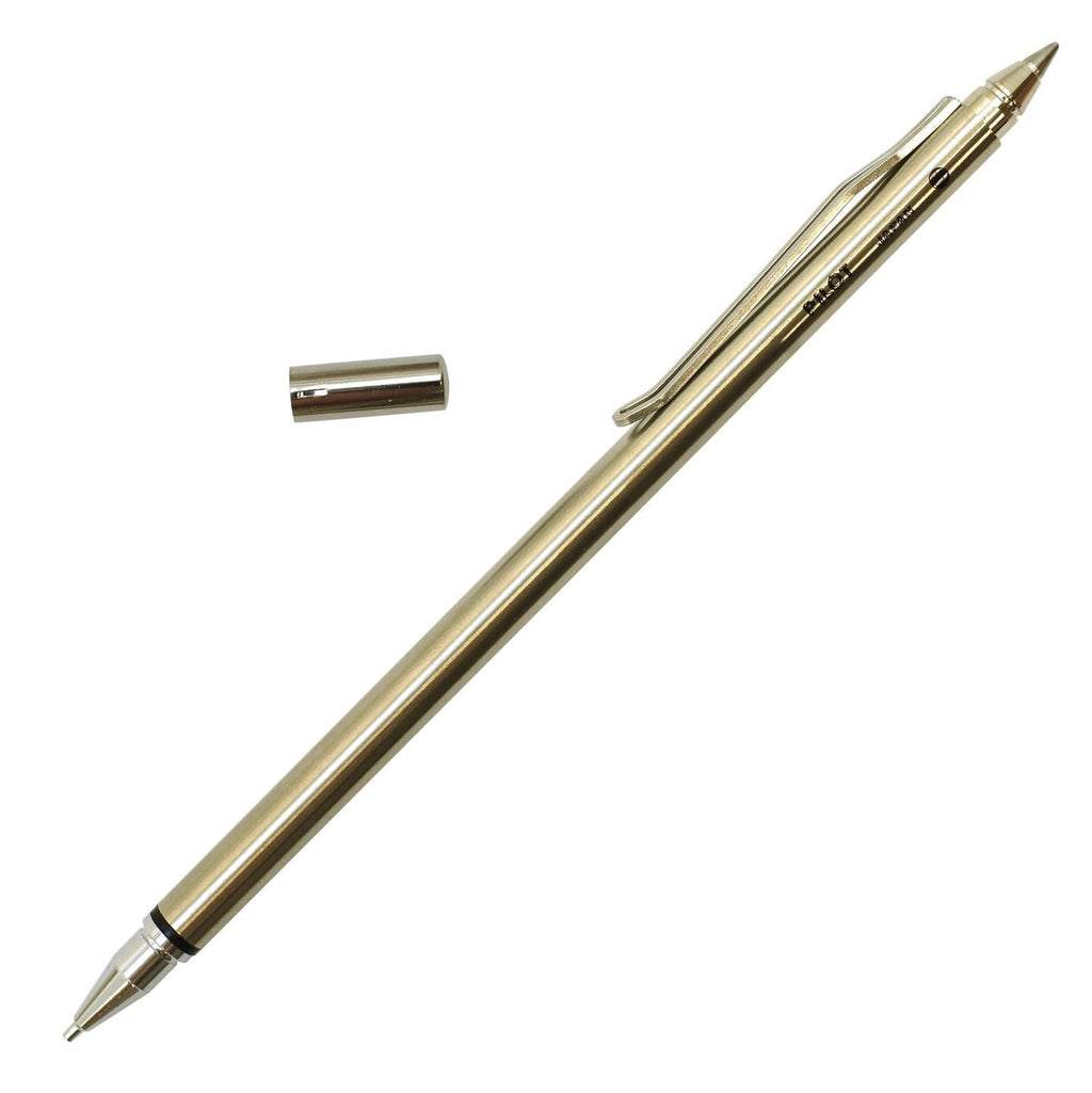 Pilot Birdy switch writing pen with gold barrel, black accent band, pointed tip