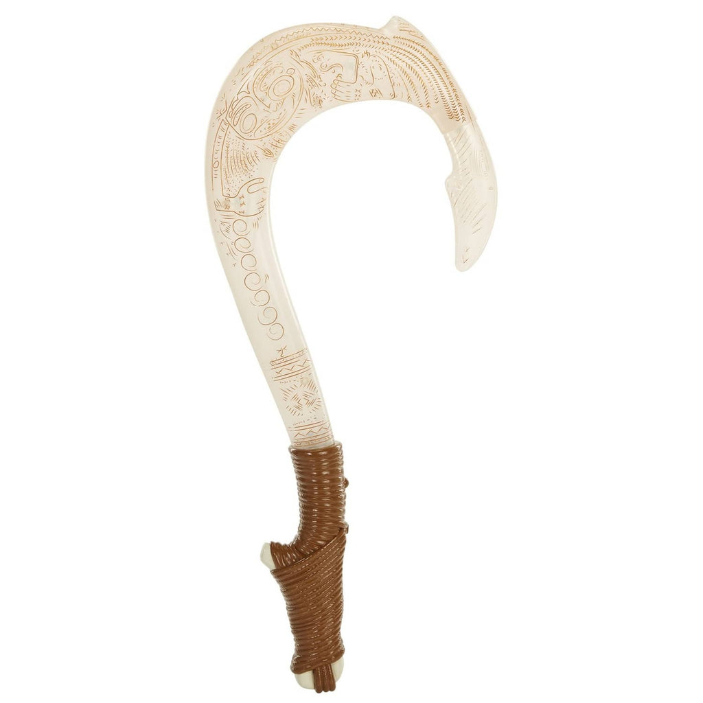 Magical fish hook toy with decorative golden artwork and brown handle