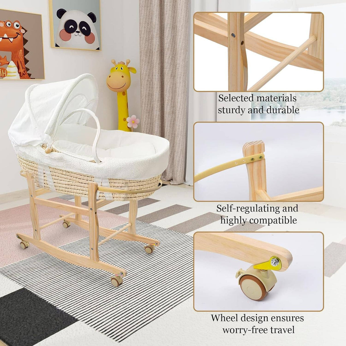 Wooden rocking basket stand with woven Moses basket and white padded insert