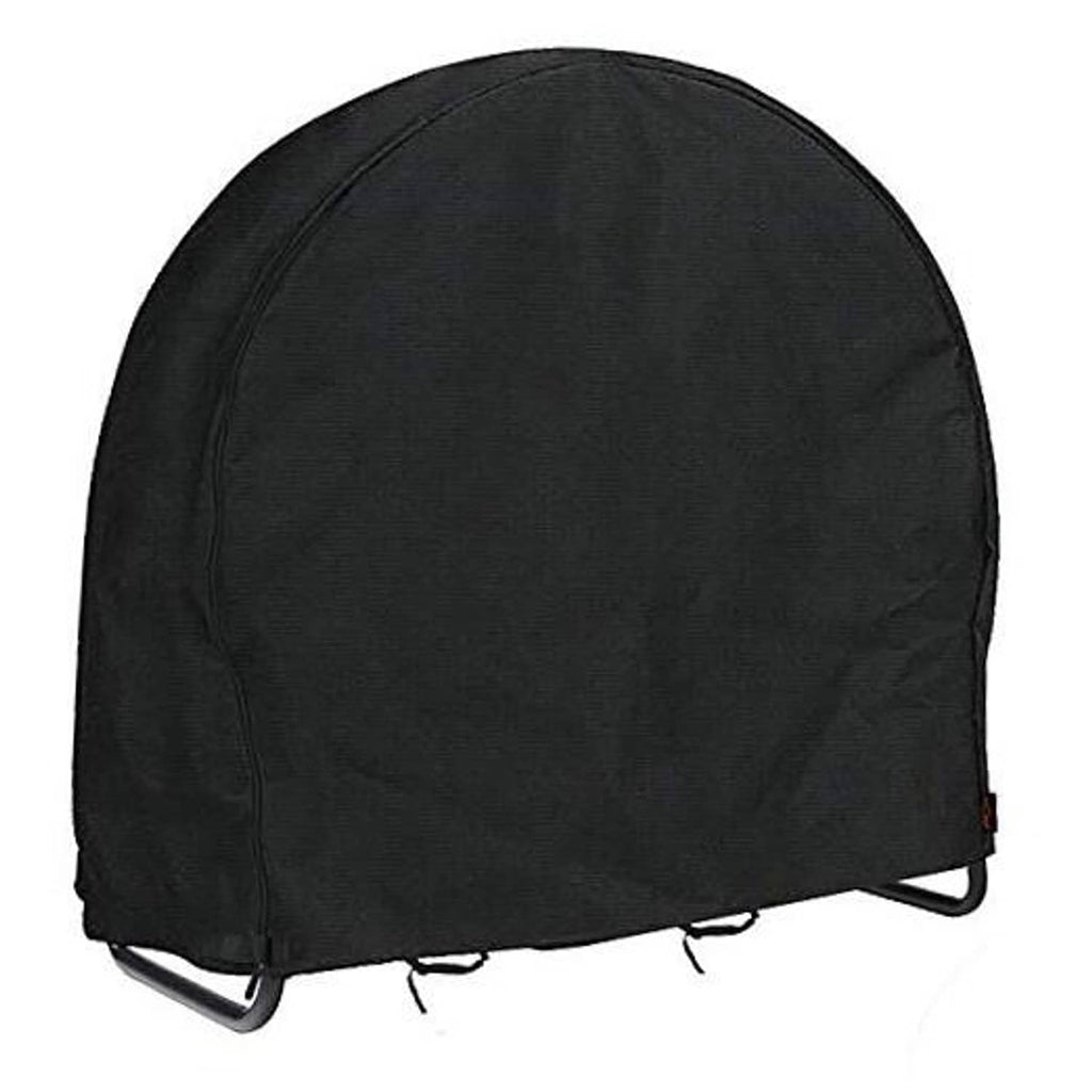 Black round firewood log rack cover with front face, drawcord edge and straps