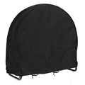 Black round firewood log rack cover with front face, drawcord edge and straps