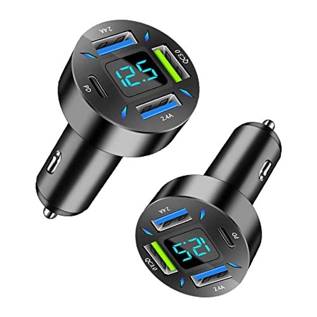 Black dual USB car chargers with blue digital voltmeter screen and 4 ports, Type-C included