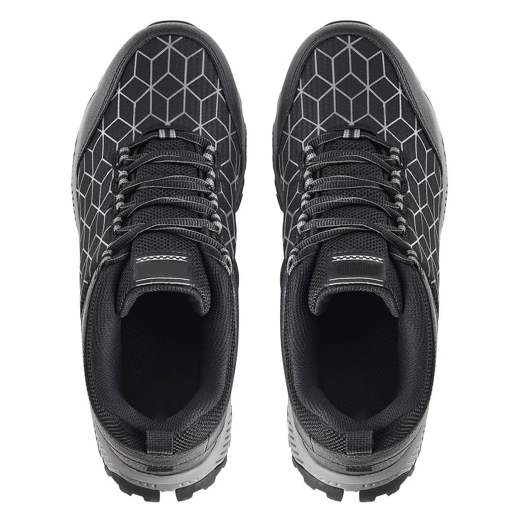 Black steel-toe work sneaker pair with lace-up front and grippy tread sole