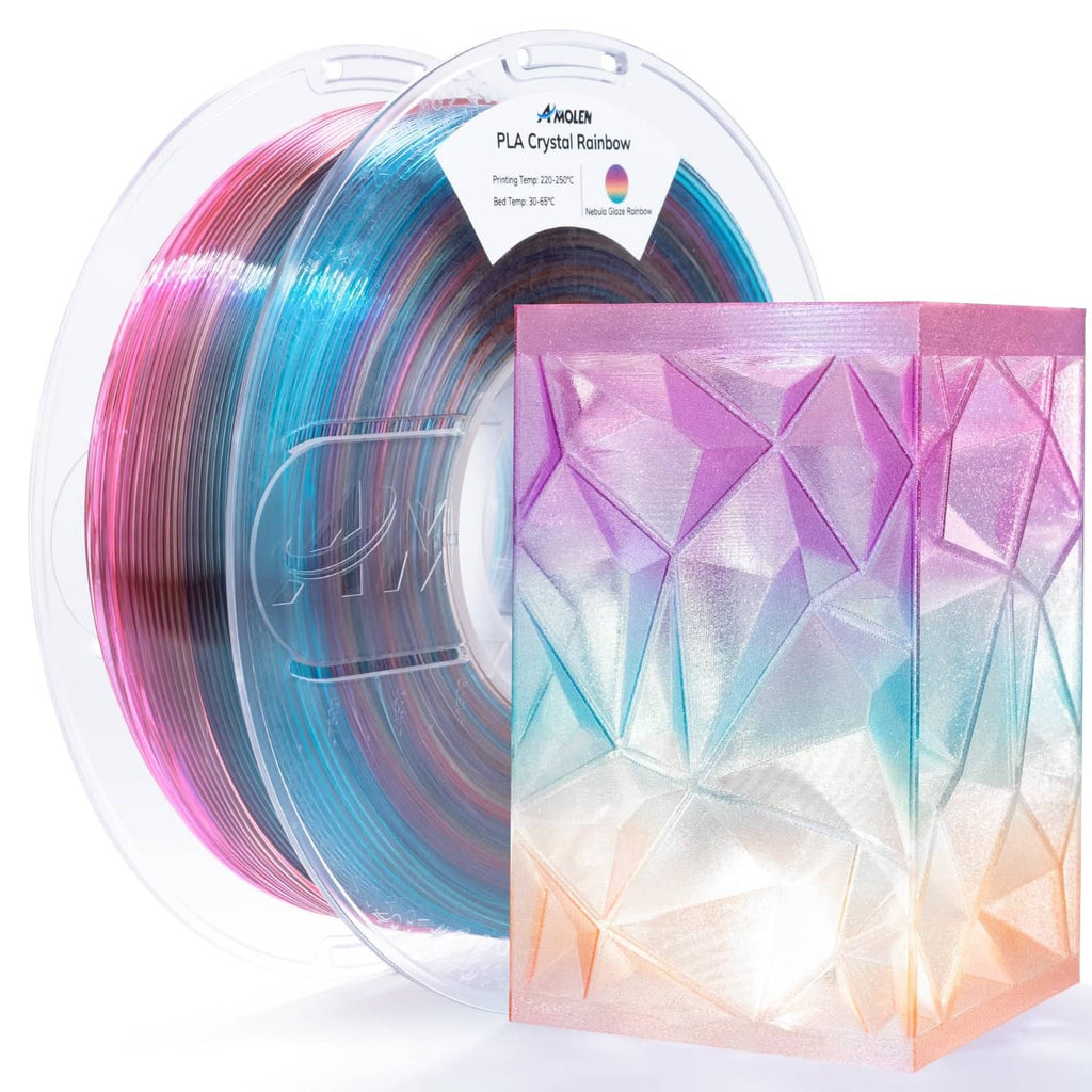 Rainbow translucent PLA filament spool with iridescent nebula glaze block sample