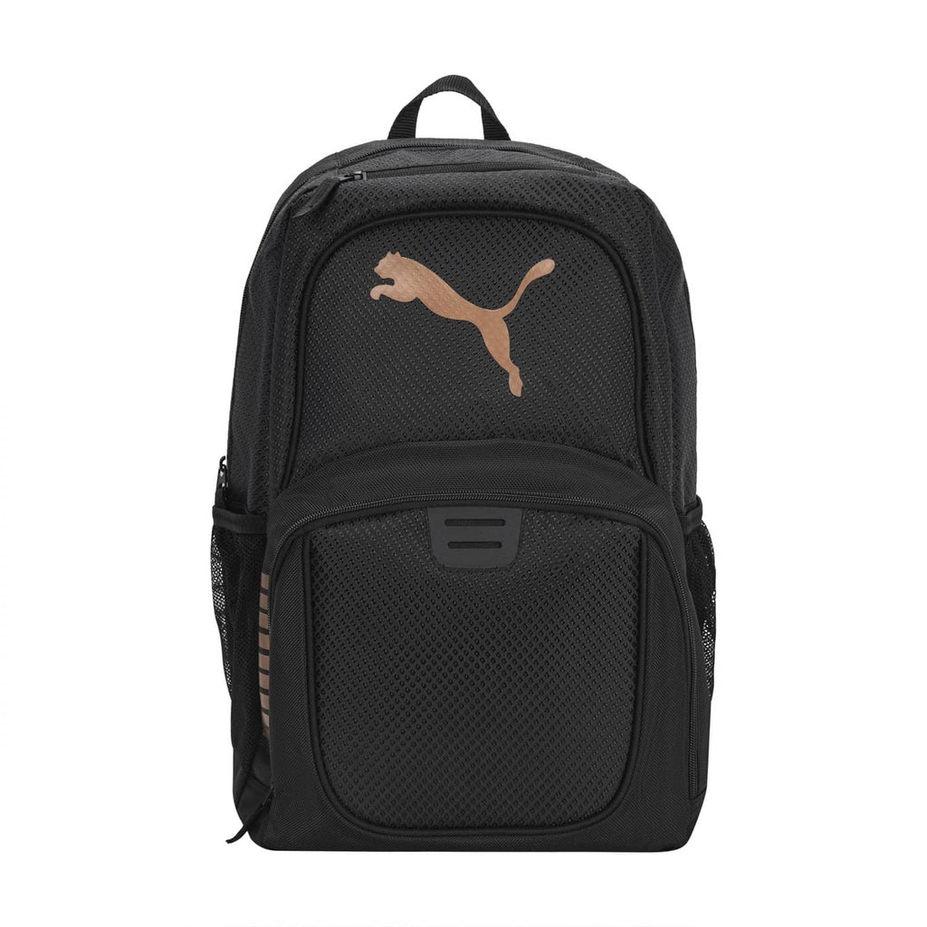Puma Contender backpack in black with rose Puma logo and zip front pocket