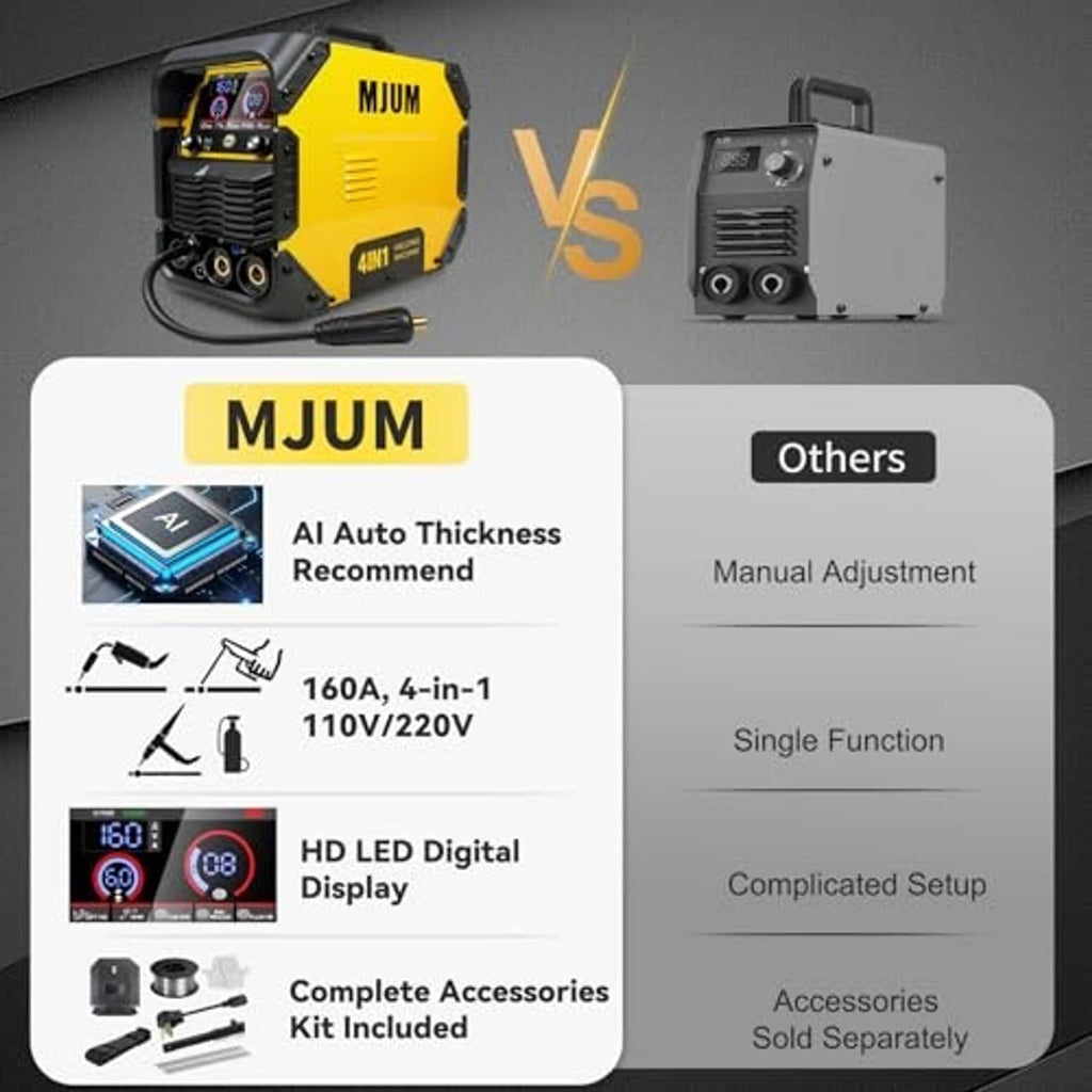 Yellow welding machine shown next to a comparison panel for auto thickness recommendation