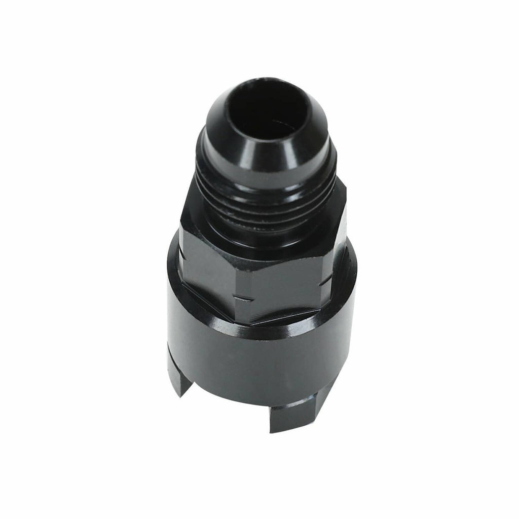 Black 6AN fuel adapter with internal bore and hex base locking teeth